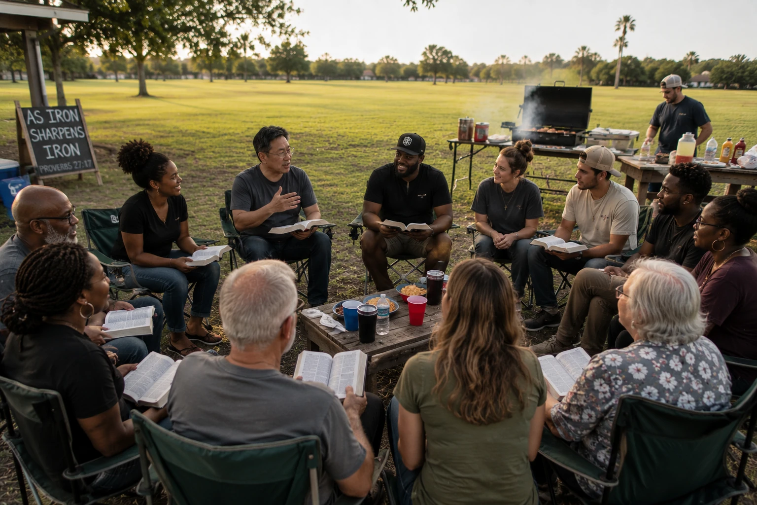 Coed outdoor BBQ Bible study fellowship gathering